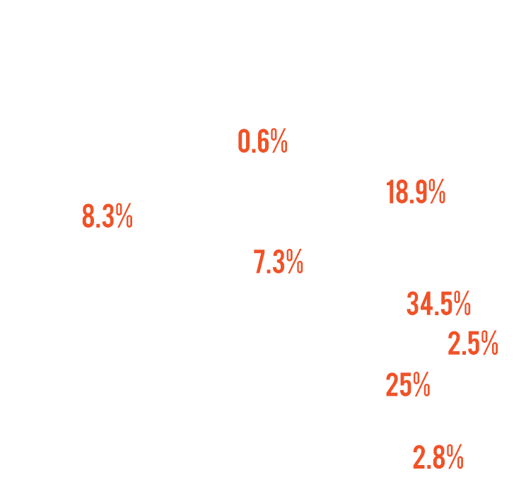 WA 8.3%, NT 0.6%, SA 7.3%, QLD 18.9%, NSW 34.5%, ACT 2.5%, VIC 25% & TAS 2.8%